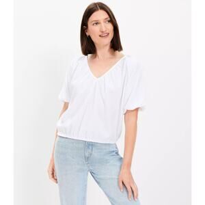 LOFT NWT White V-neck Crinkle Seersucker Peasant Top SZ L